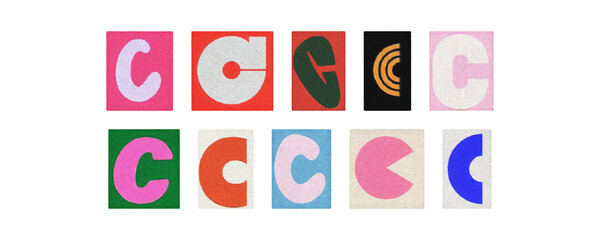 Colorful letter C collage from magazine clippings, isolated transparent PNG
