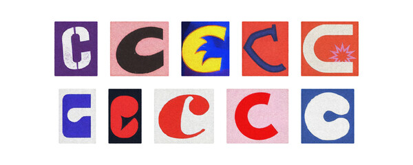 Colorful letter C collage from magazine clippings, isolated transparent PNG
