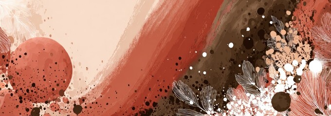 Abstract art with coral and brown tones, textured brushstrokes, and scattered elements