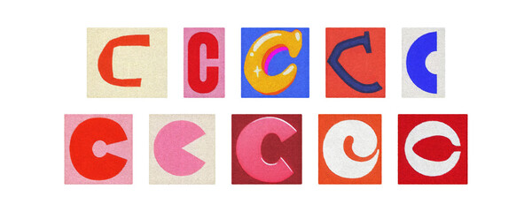 Colorful letter C collage from magazine clippings, isolated transparent PNG
