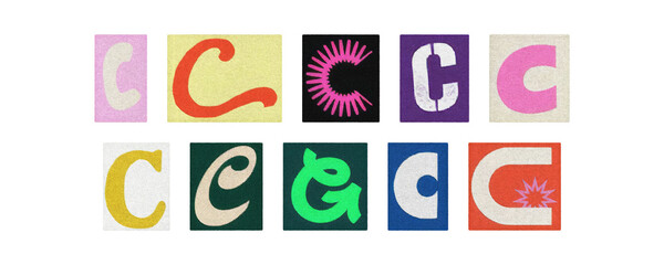 Typography letter C set in diverse fonts, magazine cutouts on PNG
