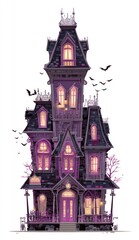 Cartoon haunted house illustration with bats spooky night background
