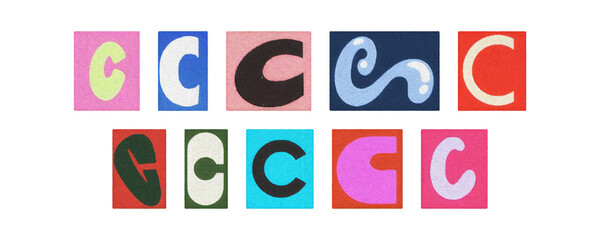 Typography letter C set in diverse fonts, magazine cutouts on PNG
