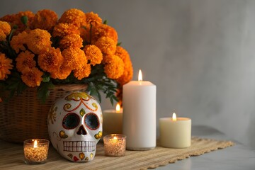 Festive Day of the Dead Still Life with Orange Marigolds Skull and Candles