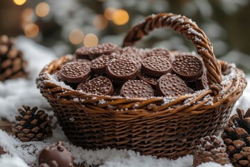 Obraz premium A basket of chocolates in front of a Christmas tree.