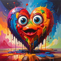 Colorful heart paint character with big eyes and smiling mouth in melting rainbow splash