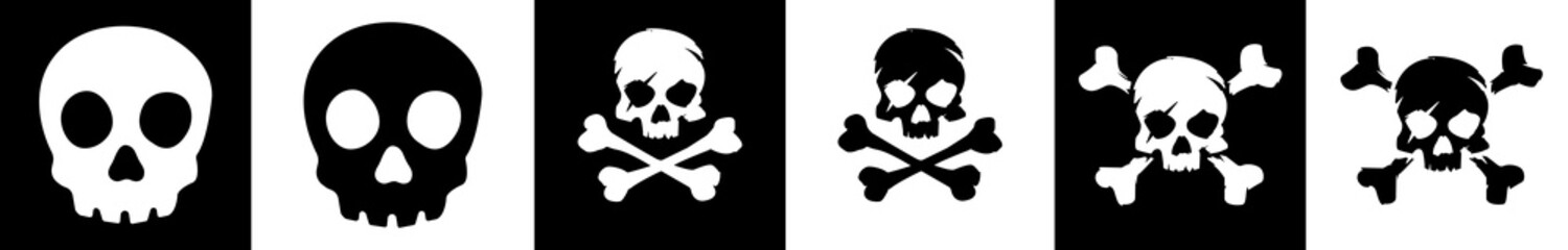 Skulls and crossbones. Skulls with crossbones icons collection isolated on white background. Death logo, symbol, sign. Pirate symbol. Vector graphic