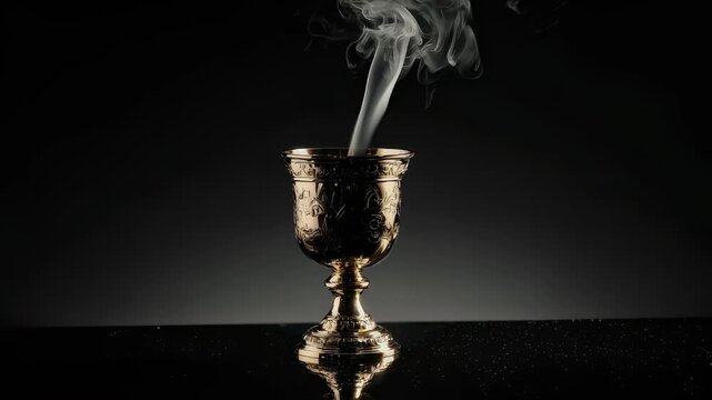 Ornate golden chalice with rising smoke