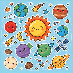 Adorable solar system vector set with smiling planets, sun, moon, rockets, and comets. Great for kids&rsquo; astronomy, posters, and educational materials.