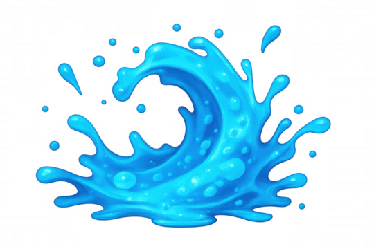 Blue water illustration splashing liquid wave with drops, refreshing drink and aqua element, transparent background