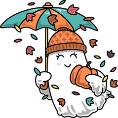 Cute Ghost with Pumpkin and Autumn Leaves Illustration