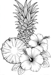 Fototapeta premium Detailed black and white illustration of pineapple hibiscus and slice for design