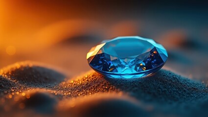 Sparkling blue gemstone rests upon a bed of textured, fine sand-like material, reflecting warm, orange-yellow light and creating a captivating, 