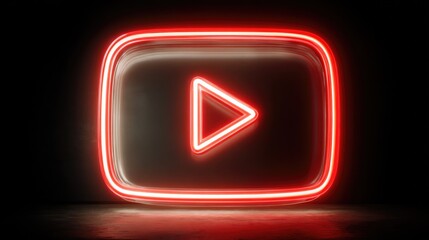 A neon red play button symbol glows inside a curved rectangle, on a dark background.