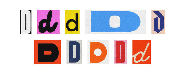 Magazine letter D cutout tiles collage set, colorful on transparent PNG
