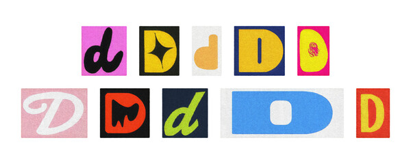 Colorful letter D collage from magazine clippings, isolated transparent PNG
