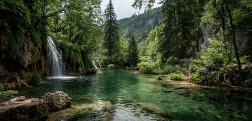 Obraz premium Lush forest waterfall cascading into clear emerald pool