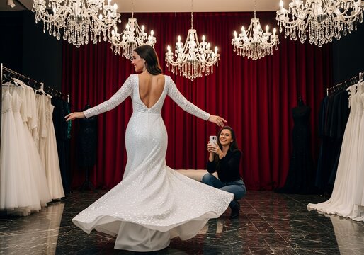 Bride admires herself in a wedding dress with open back in a bridal salon, while a friend takes a photo with her phone, capturing a moment of joy and excitement.