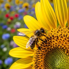 Close-up of a busy honey bee collecting nectar from a vibrant yellow sunflower on a warm summer day