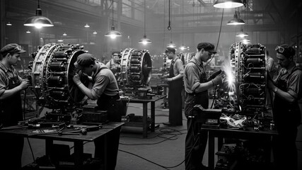 Aircraft Engine Assembly Line - Black and white video depicting a factory floor where workers are assembling aircraft engines.