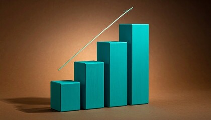A 3D turquoise bar chart with seven vertical bars—connected by a white line graph with circular markers. A metaphor for insight and the choreography of progression through structured elevation and ana