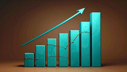 A 3D turquoise bar chart with seven vertical bars—connected by a white line graph with circular markers. A metaphor for insight and the choreography of progression through structured elevation and ana