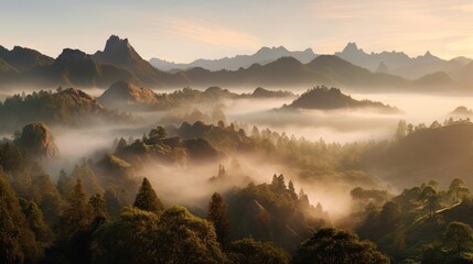 mountainous landscape, fog and mist in the valleys, pine trees silhouetted against the sky, golden hour lighting, dramatic scenery, serene atmosphere, scenic vista, moody and atmospheric, beautiful na