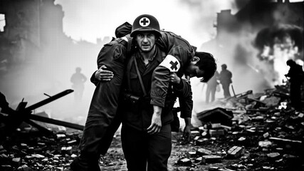 Battlefield Medic Evacuating Wounded Soldier - A black and white video depicts a medic carrying a wounded soldier through a war-torn landscape.