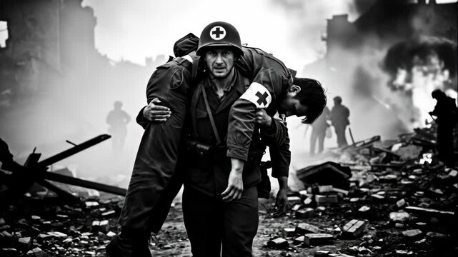 Battlefield Medic Evacuating Wounded Soldier - A black and white video depicts a medic carrying a wounded soldier through a war-torn landscape.
