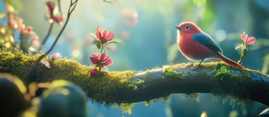 fine art portrait photo, macro shot, close-up of a vibrant red bird perched on a tree branch, intricate feather details, lush green foliage, dappled sunlight, dreamy, atmospheric, cinematic lighting,