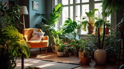 Fototapeta premium a cozy indoor jungle, lush green plants in terracotta pots, warm lighting, a comfortable orange armchair, natural wood floors, large windows letting in sunlight, potted succulents, ferns, and other tr