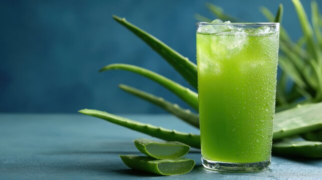 Healthy Drinks for Hypothyroid. Refreshing green drink with aloe vera leaves on a blue background.
