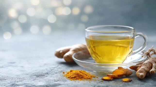 Healthy Drinks for Hypothyroid. A cup of herbal tea surrounded by ginger roots and spices on a textured surface.