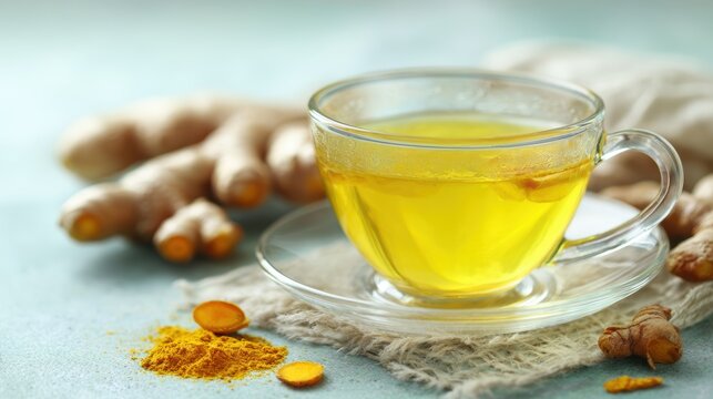 Healthy Drinks for Hypothyroid. A warm cup of ginger tea with fresh ginger roots beside it.