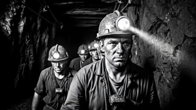 Coal Miners Emerging from Mine Shaft - A black and white video depicting a group of coal miners with headlamps, emerging from a dark mine shaft.