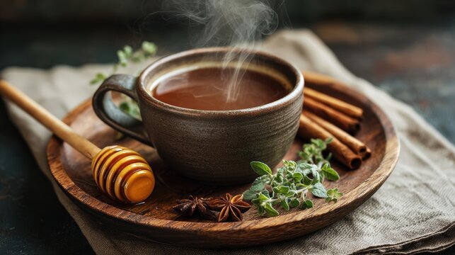 Healthy Drinks for Hypothyroid. Steaming cup of tea with honey and cinnamon on a wooden tray, garnished with herbs.