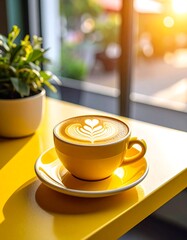 Bright yellow cup of latte, sunlight