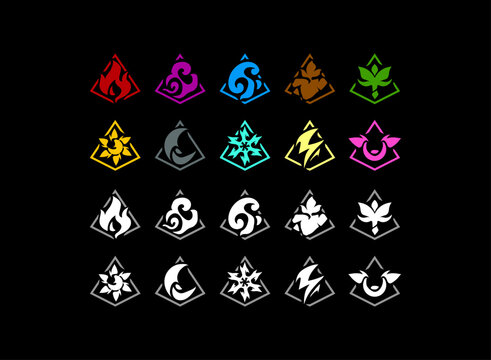 Triangle elemental rune icons. Fire, water, wind, earth, nature, sun, shadow, ice, lightning, spirit. Minimal fantasy RPG emblem, magic symbol set, clean game UI design pack.