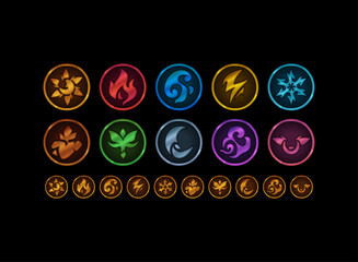 Fantasy elemental coin icon pack. Fire, water, wind, earth, nature, sun, shadow, ice, lightning, spirit. RPG skill button, game currency token, upgrade emblem, polished fantasy UI badge.