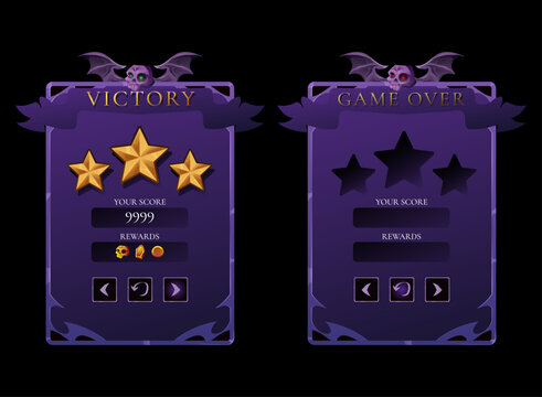 Halloween gothic victory and game over screen UI. Dark purple spooky interface with skulls bats stars rewards popup for horror fantasy RPG puzzle adventure casual mobile game Halloween event.