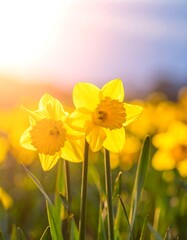 Bright yellow daffodils in a field at sunset