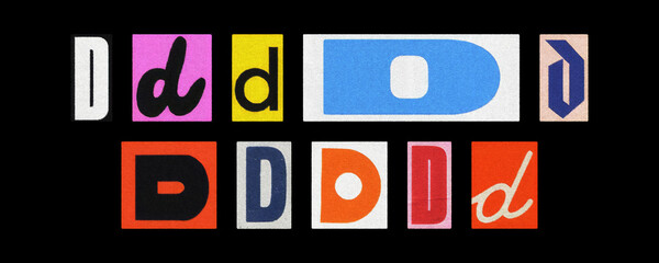 Letter D magazine cutout tiles collage set on a solid black background
