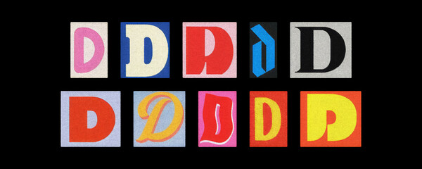 Assorted letter D glyphs, uppercase and lowercase, paper cutouts on black
