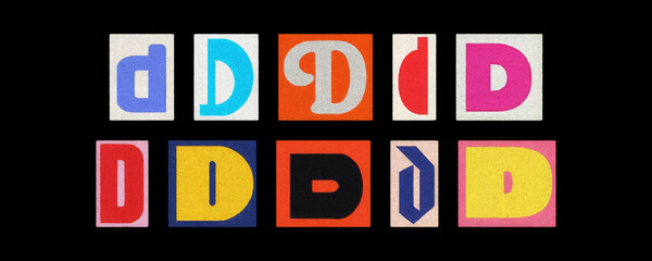 Bold letter D collection in varied styles, magazine collage on black
