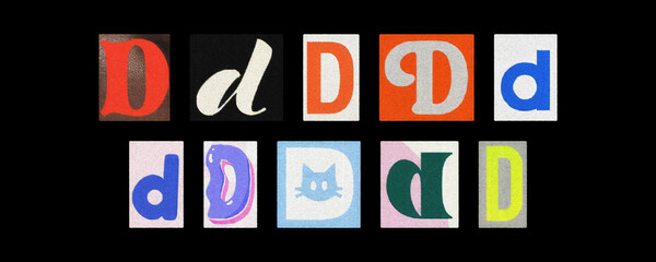 Bold letter D collection in varied styles, magazine collage on black
