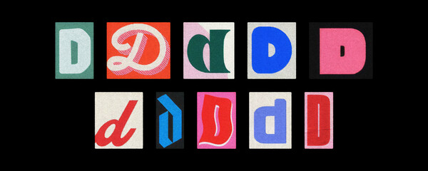 Bold letter D collection in varied styles, magazine collage on black
