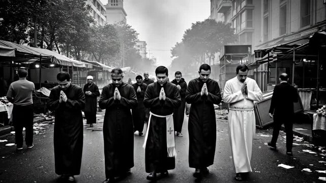 Priests and Monks Praying Amidst Urban Chaos - A black and white video depicts a group of priests and monks walking down a city street, praying amidst rubble and debris.