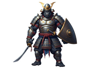 Fototapeta premium A large, ape-like creature clad in elaborate samurai armor, holding a sword and shield, stands against a stark black backdrop.