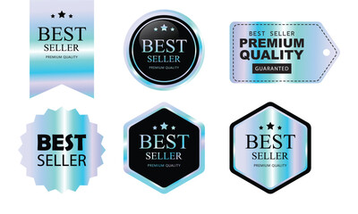 Obraz premium Set of Color holographic stickers template, label. Round Shiny Smooth Mirror Rainbow Emblem Best seller. Award, medal with stars. Used for business purpose