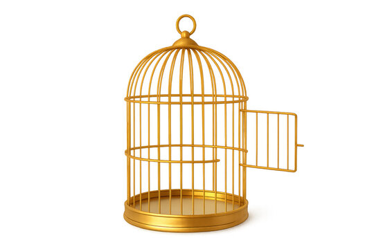 Golden birdcage with door open showing freedom